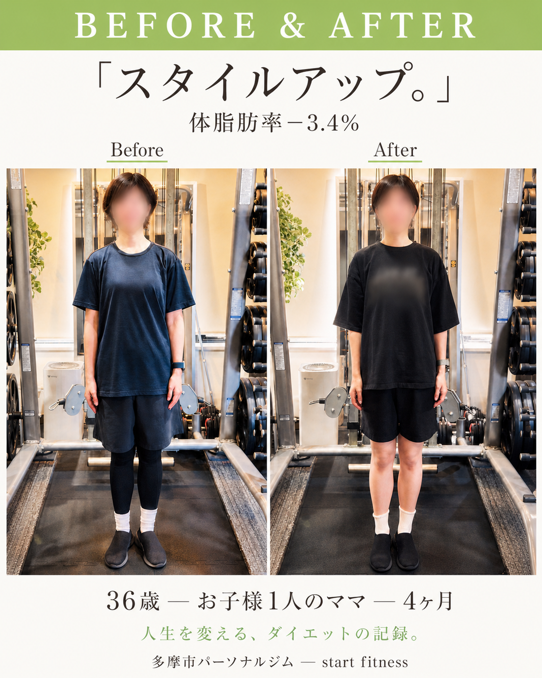  36歳・お子様1人のママ・4ヶ月の変化｜体脂肪率-3.4%｜多摩市パーソナルジム
